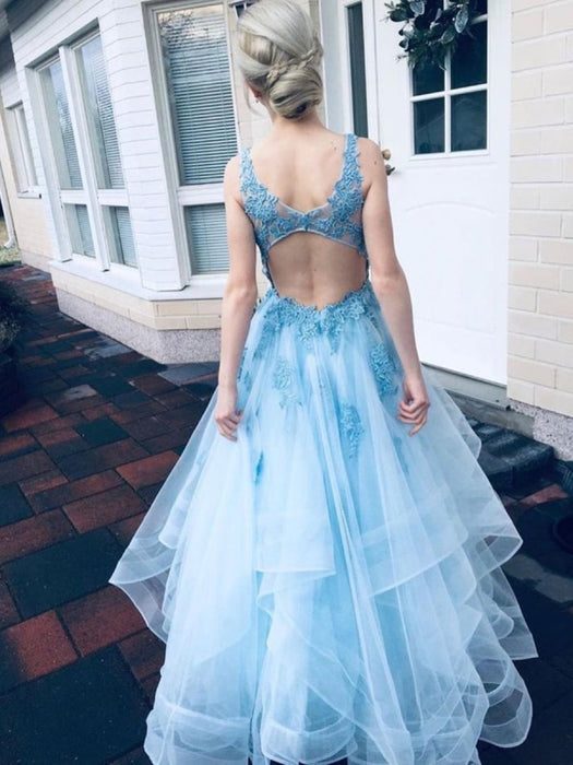 V Neck Open Back Light Blue Lace Long Prom Dresses, Light Blue Lace Formal Graduation Evening Dresses