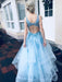 V Neck Open Back Light Blue Lace Long Prom Dresses, Light Blue Lace Formal Graduation Evening Dresses