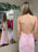 V Neck Open Back Mermaid Pink Lace Appliques Long Prom Dresses, Mermaid Pink Formal Dresses, Pink Lace Evening Dresses 