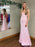 V Neck Open Back Mermaid Pink Lace Appliques Long Prom Dresses, Mermaid Pink Formal Dresses, Pink Lace Evening Dresses 