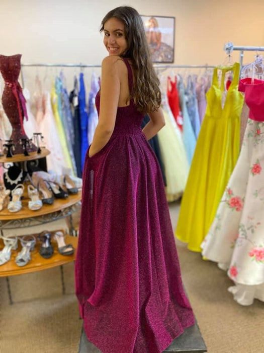 V Neck Open Back Purple Long Prom Dresses, V Neck Purple Formal Dresses, Purple Evening Dresses 