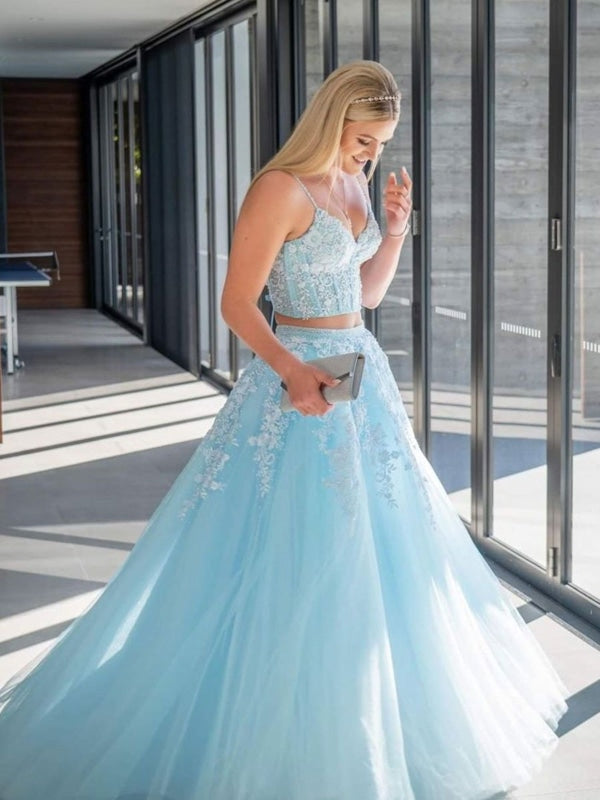 Blue two piece prom dress best sale