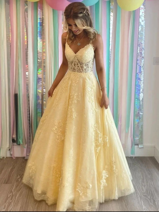 V Neck Open Back Yellow Lace Tulle Long Prom Dresses Yellow Lace Formal Graduation Evening Dresses - Prom Dress