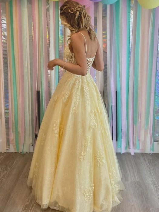 V Neck Open Back Yellow Lace Tulle Long Prom Dresses Yellow Lace Formal Graduation Evening Dresses - Prom Dress