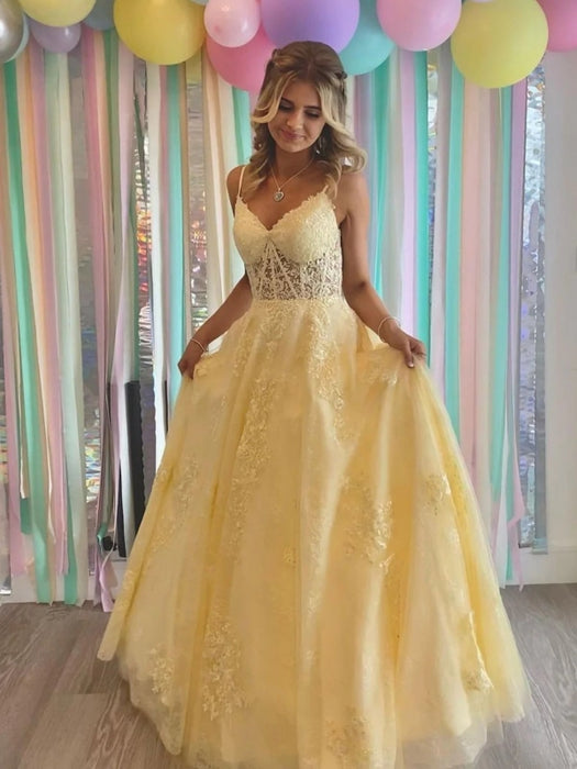 V Neck Open Back Yellow Lace Tulle Long Prom Dresses Yellow Lace Formal Graduation Evening Dresses - Prom Dress