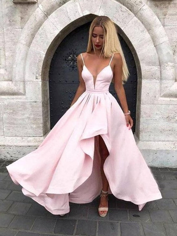 V Neck Pink High Low Prom Dresses, V Neck Pink High Low Formal Graduation Dresses