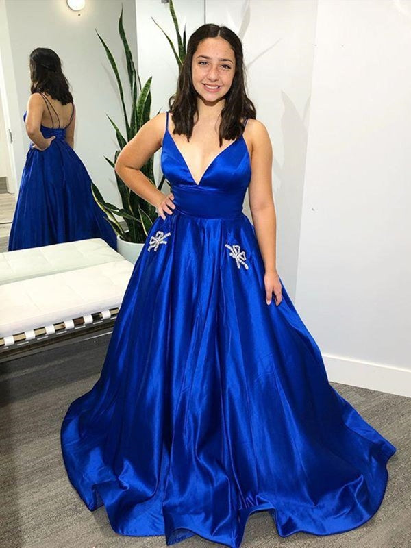 V Neck Royal Blue Satin Long Prom Dresses with Pocket, Royal Blue Formal Evening Dresses