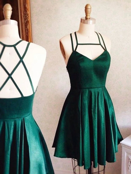 V Neck Short Hunter Green Prom Dress with Cross Back, Short Hunter Green Formal Graduation Homecoming Dresses