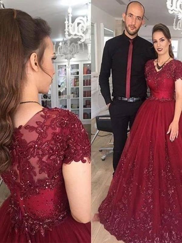 V-Neck Short Sleeves With Elegant Red Ball Gown Prom Dress - Bridelily