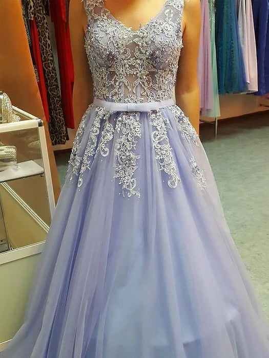 V-Neck Sleeveless Floor-Length A-line With Applique Tulle Dresses - Prom Dresses