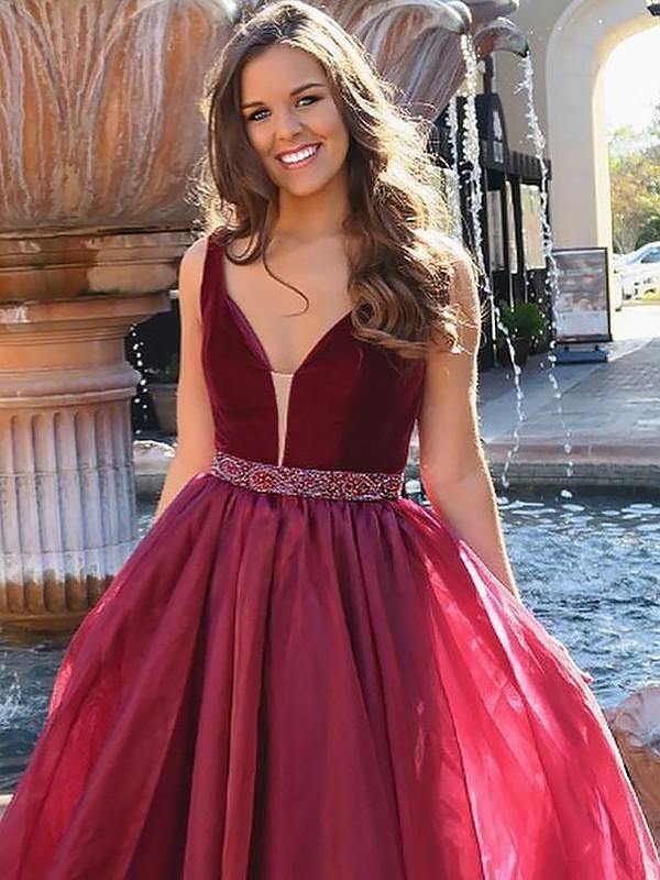 V-Neck Sleeveless Floor-Length A-line With Beading Organza Dresses - Prom Dresses