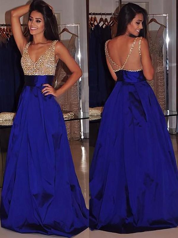 V-Neck Sleeveless Sweep/Brush A-line Train With Beading Satin Dresses - Prom Dresses