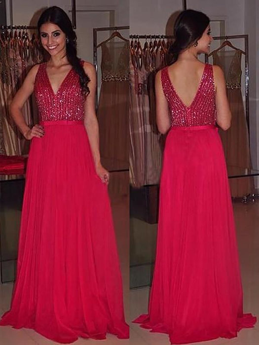 V-Neck Sleeveless Sweep/Brush Train With Beading Chiffon Dresses - Prom Dresses