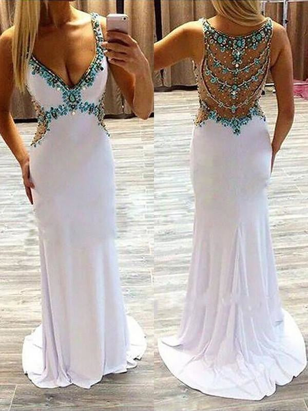 V-Neck Sleeveless Sweep/Brush Train With Beading Spandex Dresses - Prom Dresses