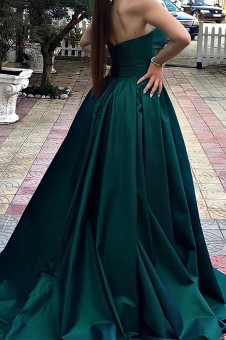 V Neck Strapless Green Satin Long Prom Dresses, V Neck Green Formal Graduation Evening Dresses 