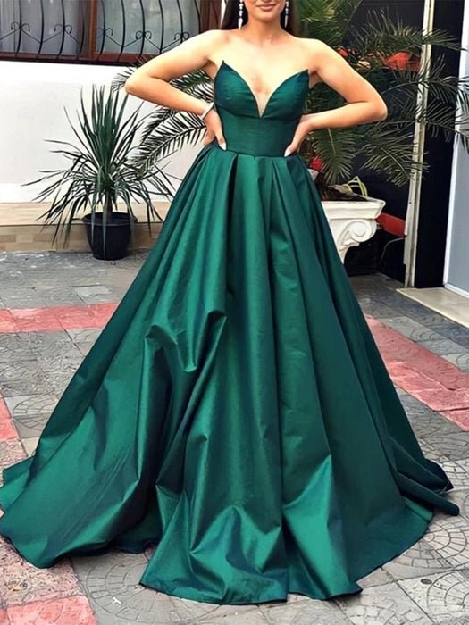 V Neck Strapless Green Satin Long Prom Dresses, V Neck Green Formal Graduation Evening Dresses 