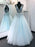 V Neck Tulle Floral Lace Appliques Long Sky Blue Prom Dresses, V Neck Sky Blue Formal Dresses, Blue Evening Dresses, Ball Gowns