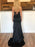 V Neck Two Pieces Mermaid Black Prom Dresses with High Slit, Two Piece Mermaid Black Formal Graduation Evening Dresses