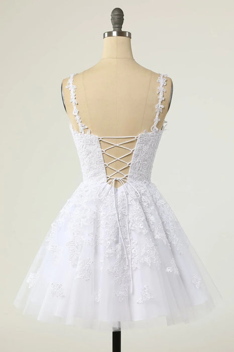 V Neck White Lace Tulle Short Prom Homecoming Dresses, White Lace Formal Graduation Evening Dresses 