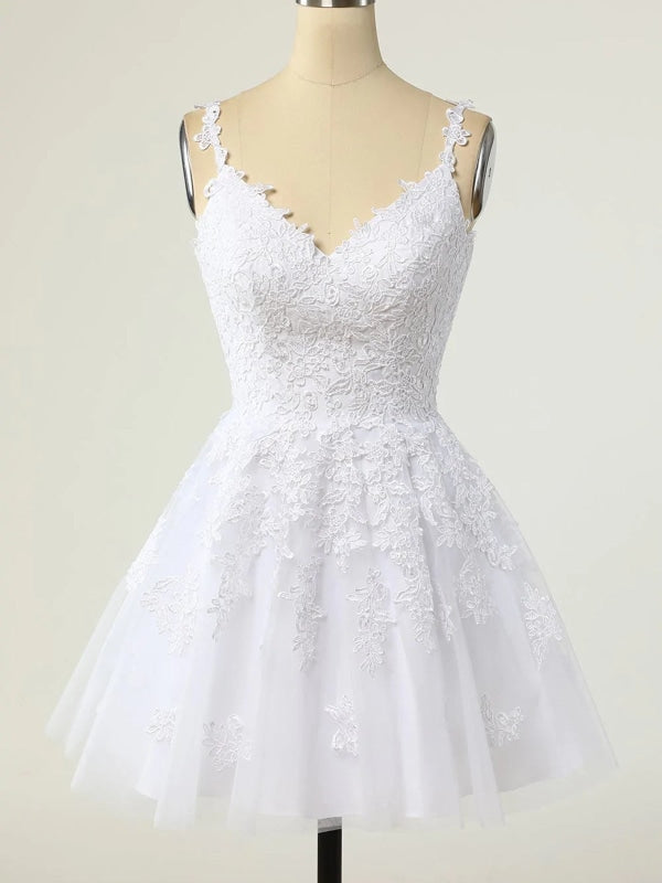 V Neck White Lace Tulle Short Prom Homecoming Dresses, White Lace Formal Graduation Evening Dresses 