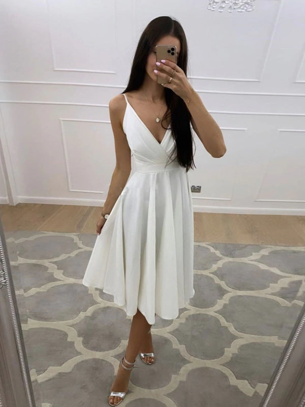 V Neck White Short Prom Homecoming Dresses, V Neck Ivory Formal Graduation Evening Dresses 