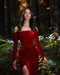 Velvet Prom dresses with sleeves red evening maxi dresses - Prom Dresses