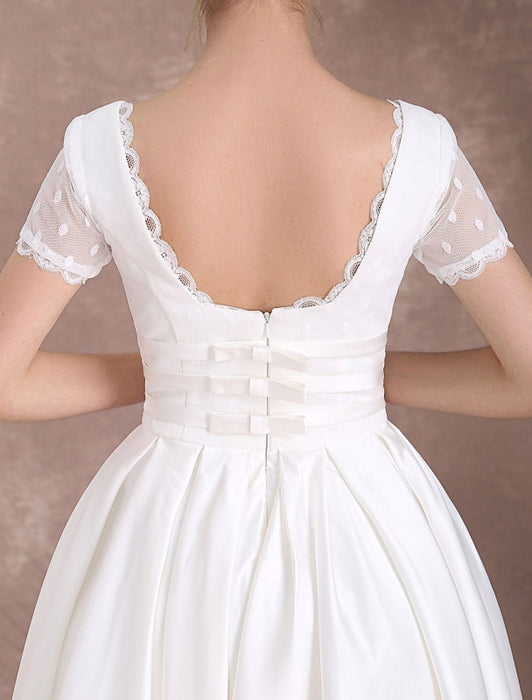 Vintage Wedding Dress Short Sleeve 1950's Bridal Dress Backless Polka Dot  Lace Trim Ivory Wedding Reception Dress misshow — Bridelily