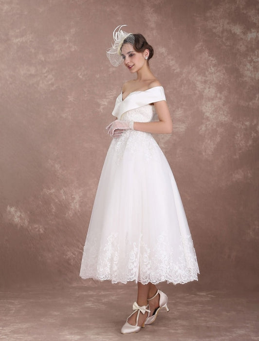 Vintage Wedding Dresses Off The Shoulder Short Bridal Dress 1950's Lace  Applique Beaded Tea Length Wedding Reception Dress misshow — Bridelily