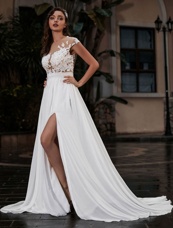 Wedding Dress Beach A-line Silhouette Jewel Neck Lace Bodice Chiffon ...