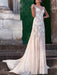 Wedding Dress Sheath V Neck Sleeveless Floor Length Lace Tulle Backless Bridal Gown With Train