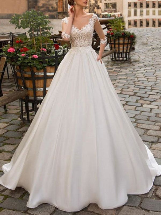 A Line V Neckline White Cheap Wedding Dresses Under 100 - Bridelily