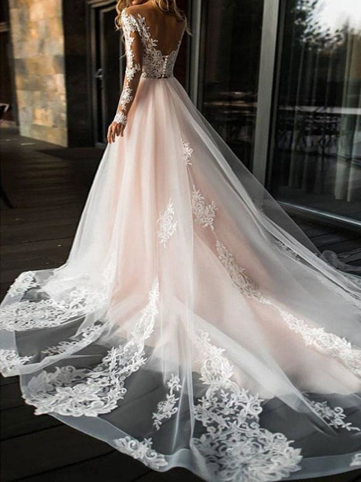 wedding dresses 2021 a line v neck long sleeve lace applique tulle bridal  gowns with chapel train — Bridelily