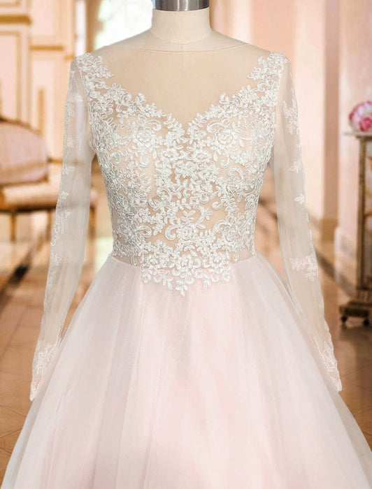 Lace Applique V-Neck Wedding Dresses Chapel Train Bridal Dresses W0069 - As  Pictured / US2