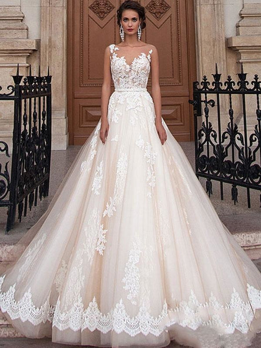 Sleeveless Deep V-neck Illusion Neckline A-line Wedding Dress