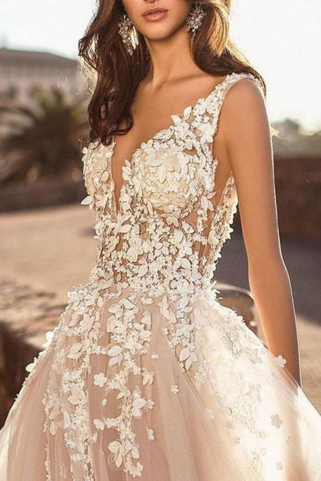 wedding dresses 2021 tulle deep v neck a line sleeveless multilayer tulle lace applique classic bridal gowns with train