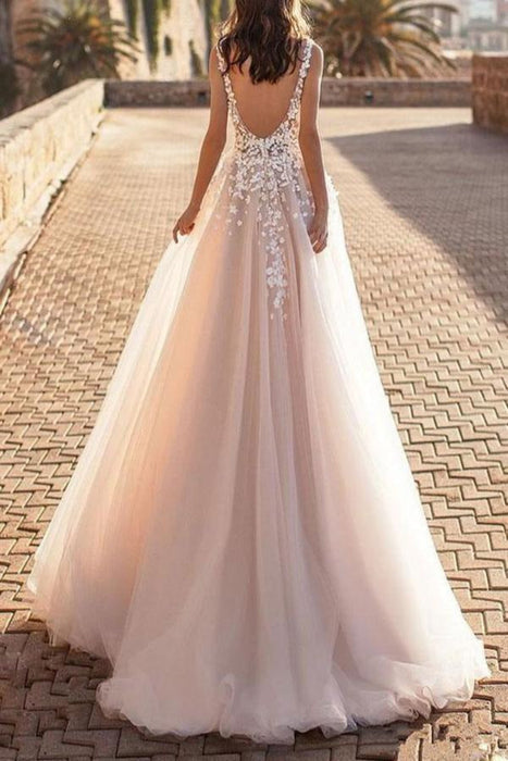 wedding dresses 2021 tulle deep v neck a line sleeveless multilayer tulle lace applique classic bridal gowns with train