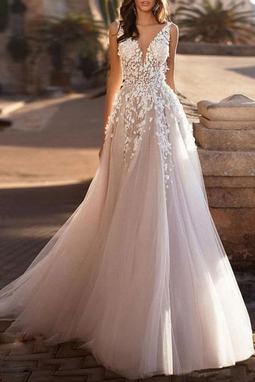 wedding dresses 2021 tulle deep v neck a line sleeveless multilayer tulle lace applique classic bridal gowns with train