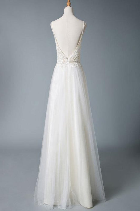 Wedding Dresses A Line V Neck Sleeveless Straps Beaded Floor Length Polka Dot Tulle Bridal Gowns