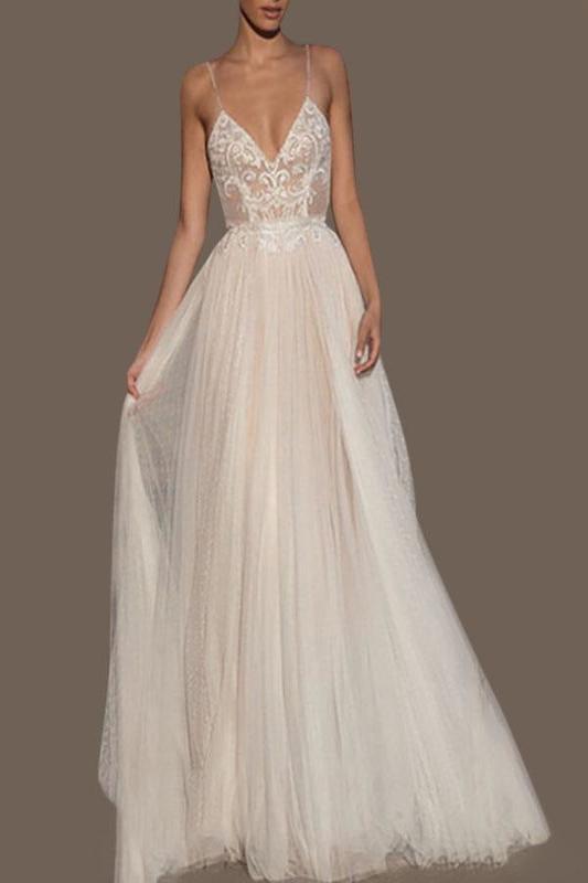 Wedding Dresses A Line V Neck Sleeveless Straps Beaded Floor Length Polka Dot Tulle Bridal Gowns