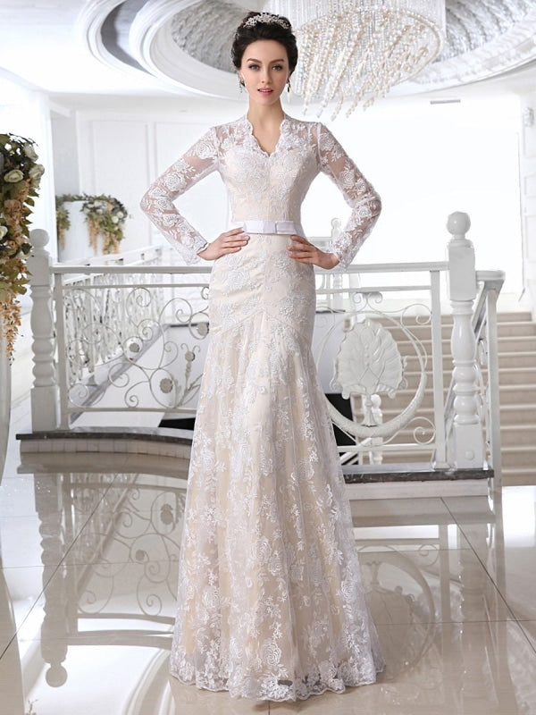 V Neck Long Sleeves High Low Lace Champagne Wedding Dresses With Train,  Champagne Lace Prom Dresses