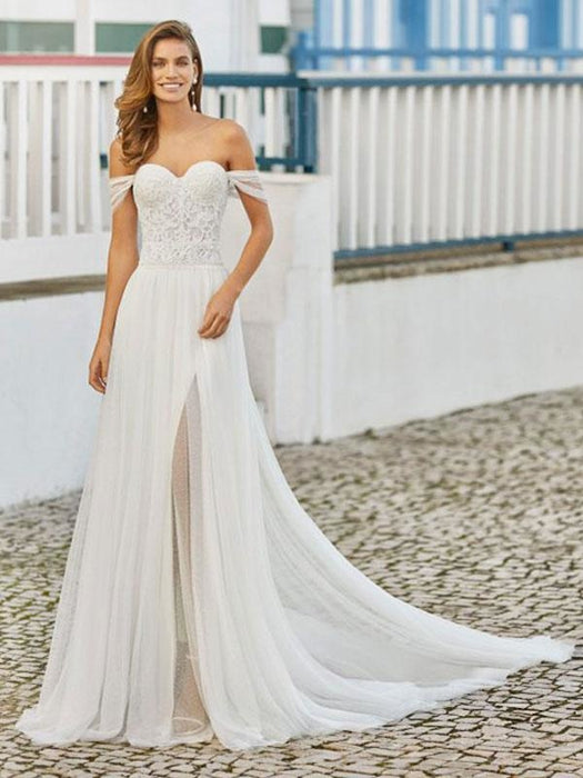 Off-the-Shoulder Satin Wedding Dress with Detachable Sweep Train — Bridelily