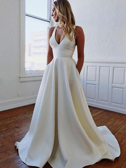 White A Line V Neck Satin Long Prom Dresses with Bowknot Back, V Neck White Formal Dresses, Evening Dresses