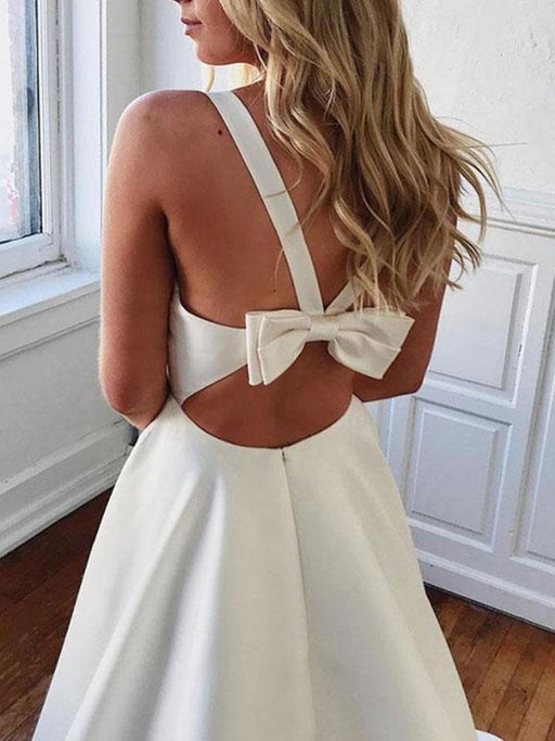 White A Line V Neck Satin Long Prom Dresses with Bowknot Back, V Neck White Formal Dresses, Evening Dresses