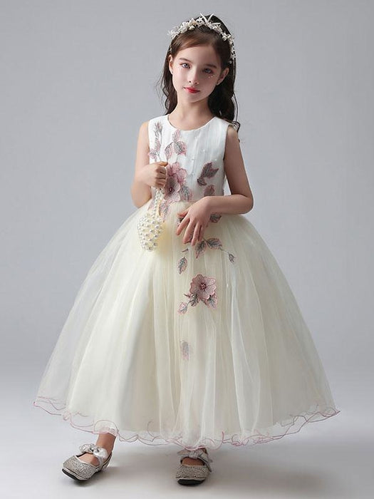 Ecru White Flower Girl Dresses Jewel Neck Sleeveless Ankle-Length Princess Dress Tulle Flowers Beaded Embroidered Formal Kids Pageant Dresses