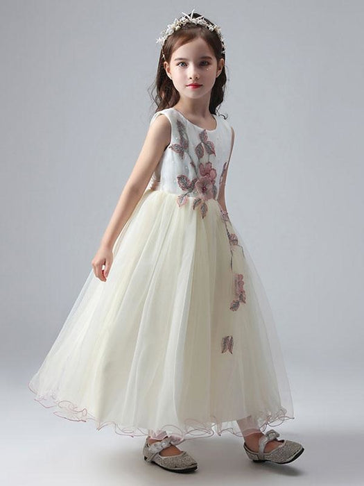 Ecru White Flower Girl Dresses Jewel Neck Sleeveless Ankle-Length Princess Dress Tulle Flowers Beaded Embroidered Formal Kids Pageant Dresses