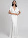 White Evening Dress A-Line V-Neck With Train Half Sleeves Zipper Buttons Satin Fabric Formal Dinner Dresses