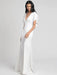 White Evening Dress A-Line V-Neck With Train Half Sleeves Zipper Buttons Satin Fabric Formal Dinner Dresses