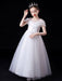 White Flower Girl Dresses Illusion Neckline Short Sleeves Ankle-Length Princess Dress Flowers Beaded Embellishment Tulle Kids Party Dresses