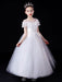 White Flower Girl Dresses Illusion Neckline Short Sleeves Ankle-Length Princess Dress Flowers Beaded Embellishment Tulle Kids Party Dresses