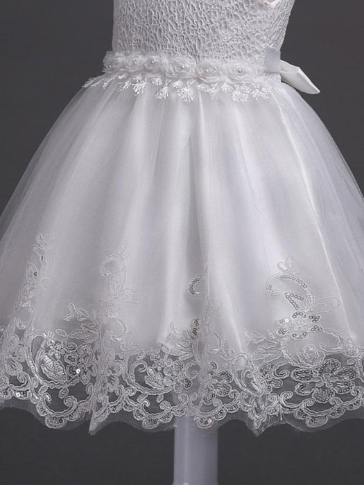 White Flower Girl Dresses Tutu Kids Dinner Party Dresses Lace Applique Pearls Tassels Princess Social Dresses